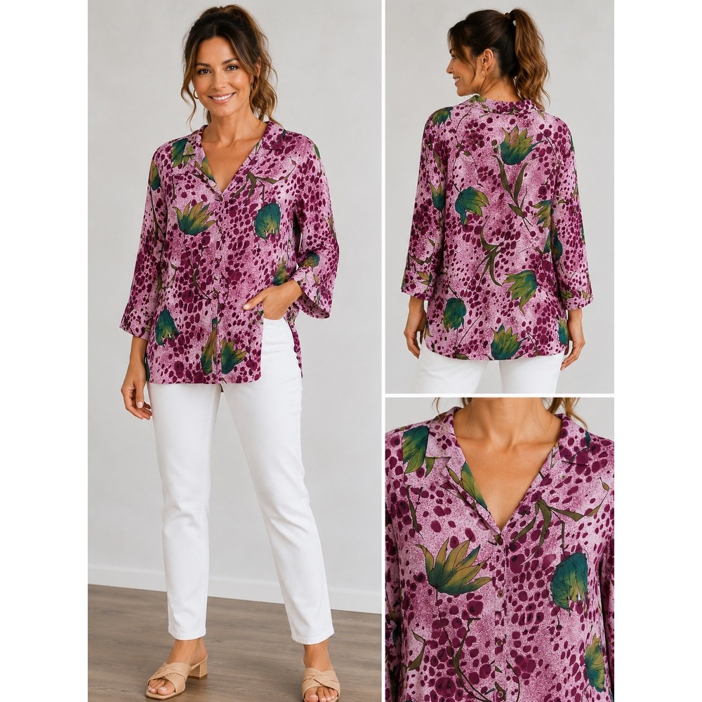 Artsy Cottagecore Boho Lightweight  Plus 22W 24W Floral Button Up Red Plum Point